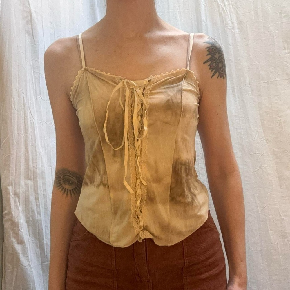 Cream and Tan Ribbon Lace Up Cami Vintage 90s/Y2K